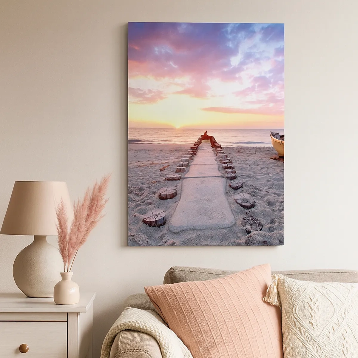 Bild auf Leinwand - Leinwandbild - Sunrise Beach mit Boot und Pier - 50x70cm - Ein Moment tiefer Erfahrung - Moderne Wanddekoration für Wohnzimmer und Schlafzimmer ARTTOR