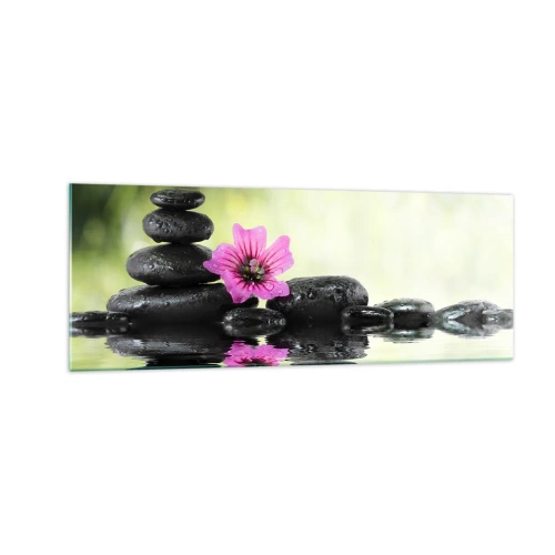 Glasbild - Bild auf glas - Zen-Steine und eine rosa Blume spiegeln sich im Wasser - 140x50cm - Zeit für die Seele - Moderne Wanddekoration für Wohnzimmer und Schlafzimmer ARTTOR