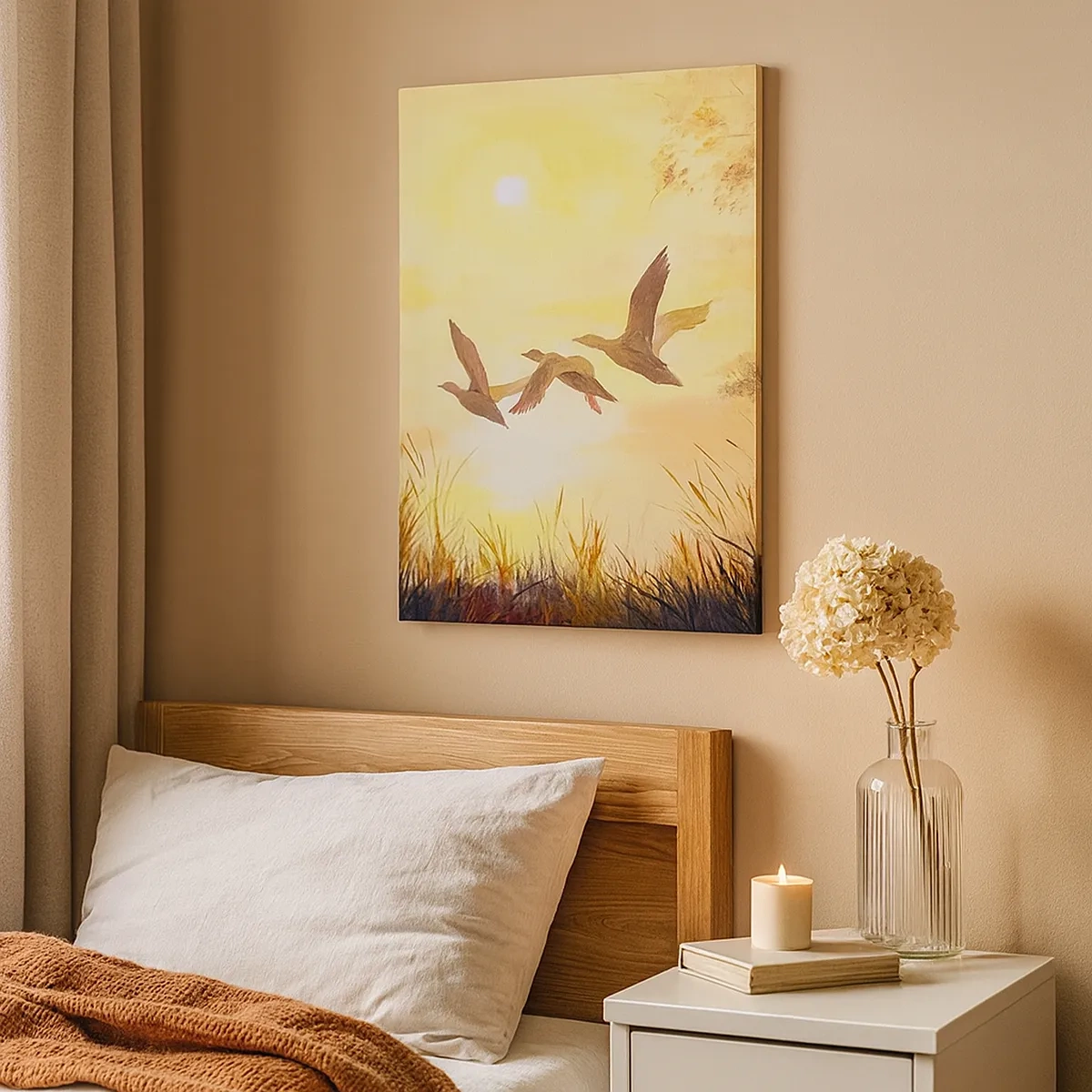 Bild auf Leinwand - Leinwandbild - Enten fliegen bei Sonnenaufgang über den See - 50x70cm - Der Beginn einer langen Reise - Moderne Wanddekoration für Wohnzimmer und Schlafzimmer ARTTOR