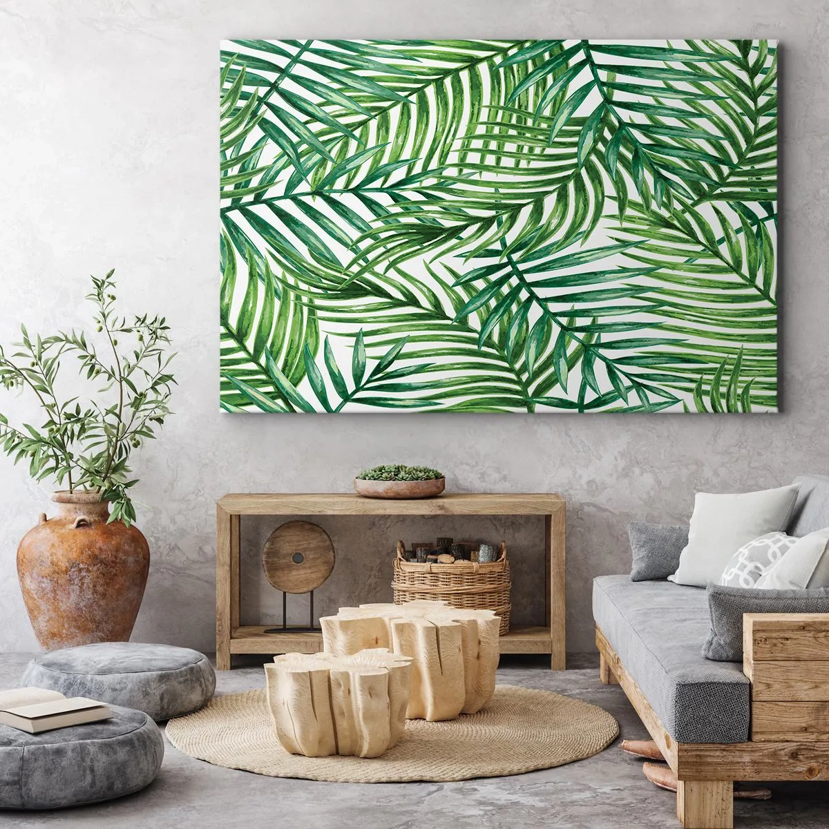 Bild auf Leinwand - Leinwandbild - Grüne tropische Palmblätter auf hellem Hintergrund - 70x50cm - Unter dem grünen Baldachin - Moderne Wanddekoration für Wohnzimmer und Schlafzimmer ARTTOR