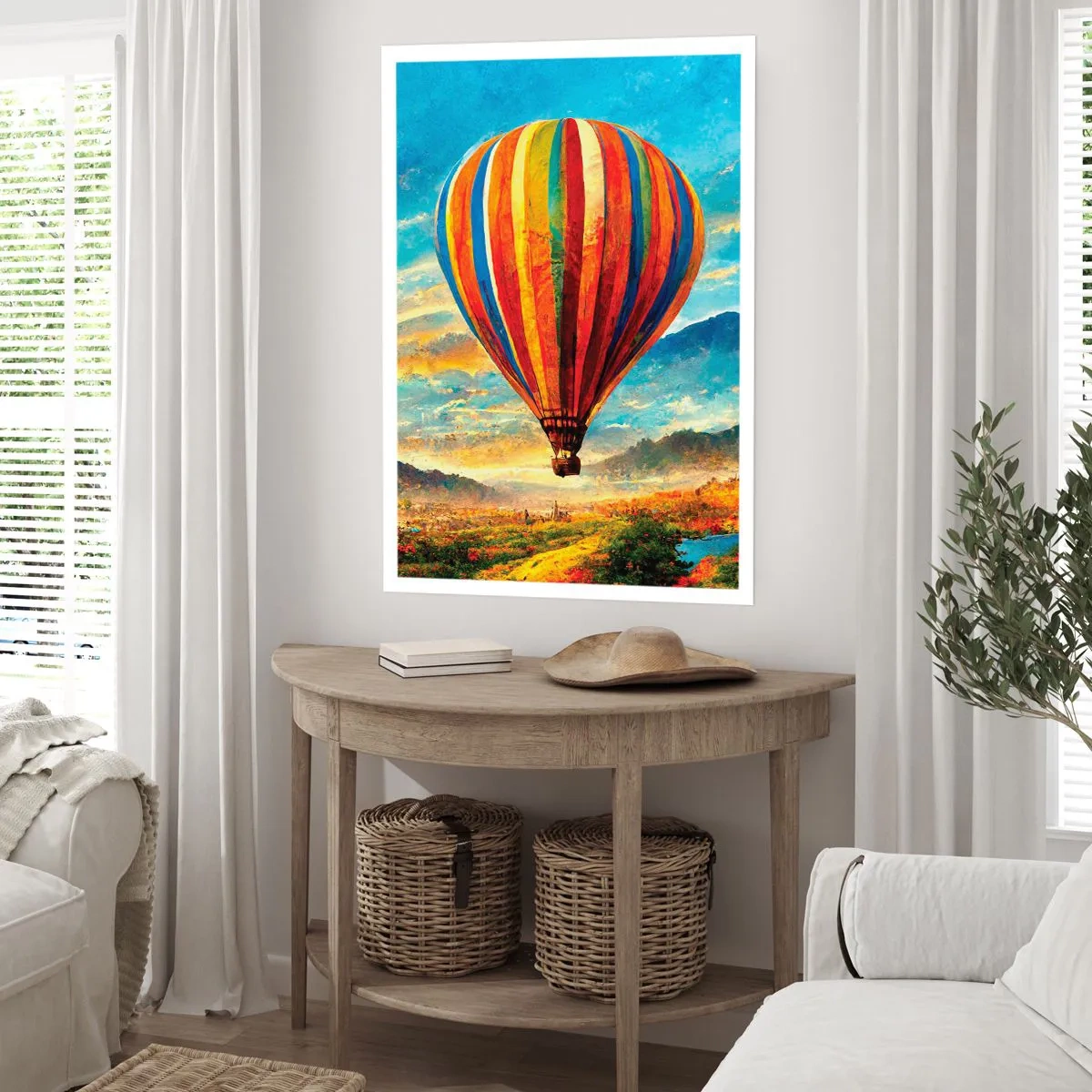 Poster - Ein bunter Ballon über einer malerischen Landschaft - 50x70cm - In der Stille sieht man mehr - Moderne Wanddekoration für Wohnzimmer und Schlafzimmer ARTTOR
