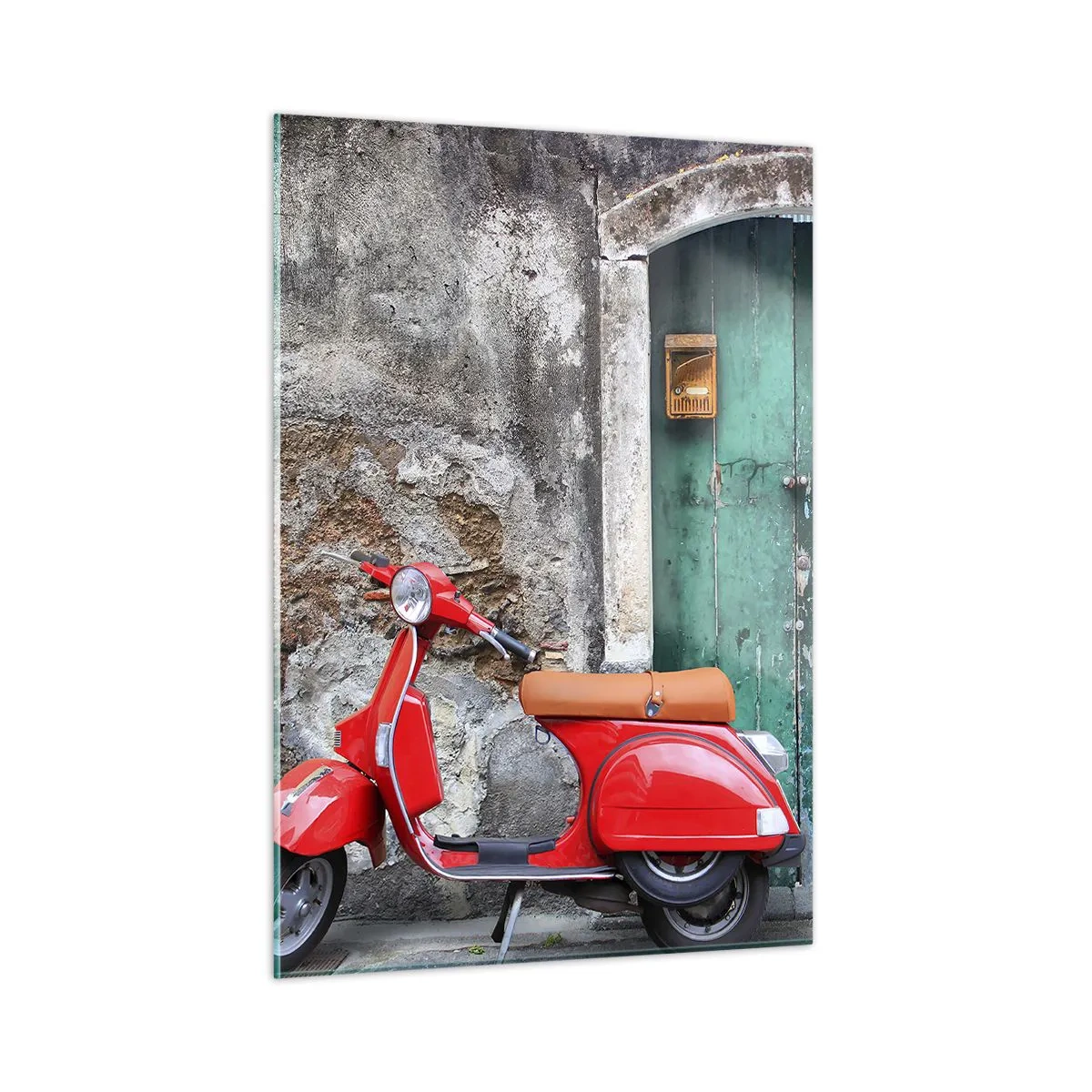 Glasbild - Bild auf glas - Roter Roller vor einer grünen Tür - 50x70cm - Italienischer Urlaub - Moderne Wanddekoration für Wohnzimmer und Schlafzimmer ARTTOR