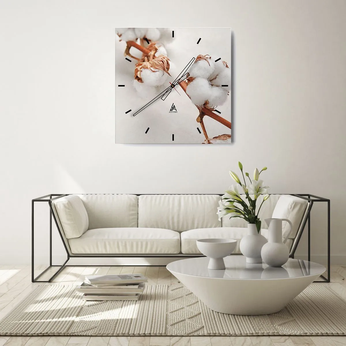 Wanduhr - Glasuhr - Ein Zweig Baumwolle auf dezentem Untergrund - 30x30cm - Nur umarmen - Moderne Wanddekoration für Wohnzimmer und Schlafzimmer ARTTOR