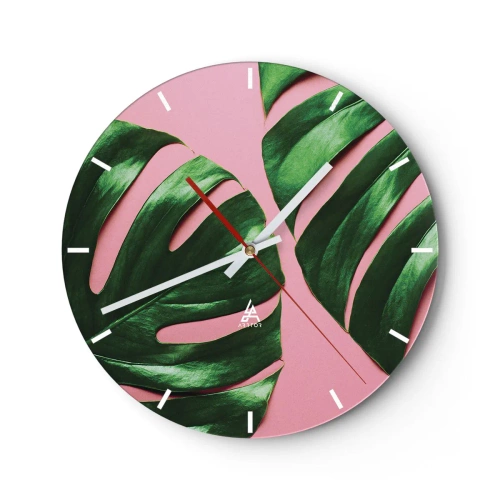 Wanduhr - Glasuhr - Grüne Monstera-Blätter auf rosa Hintergrund - 30x30cm - Rendezvous im Grünen - Moderne Wanddekoration für Wohnzimmer, Küche und Schlafzimmer ARTTOR