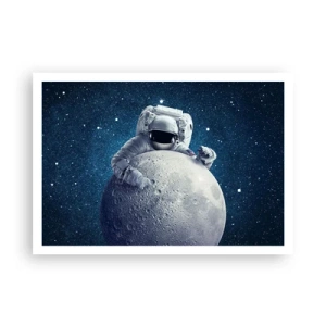 Poster - Astronaut hält den Mond vor einem Sternenhimmel - 100x70cm - Weltraumjoker - Moderne Wanddekoration für Wohnzimmer und Schlafzimmer ARTTOR