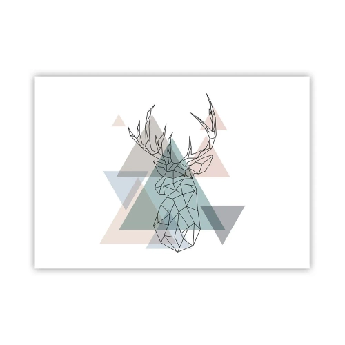 Poster - Geometrischer Hirsch auf einem Hintergrund aus pastellfarbenen Dreiecken - 100x70cm - In einem geometrischen Wald - Moderne Wanddekoration für Wohnzimmer und Schlafzimmer ARTTOR