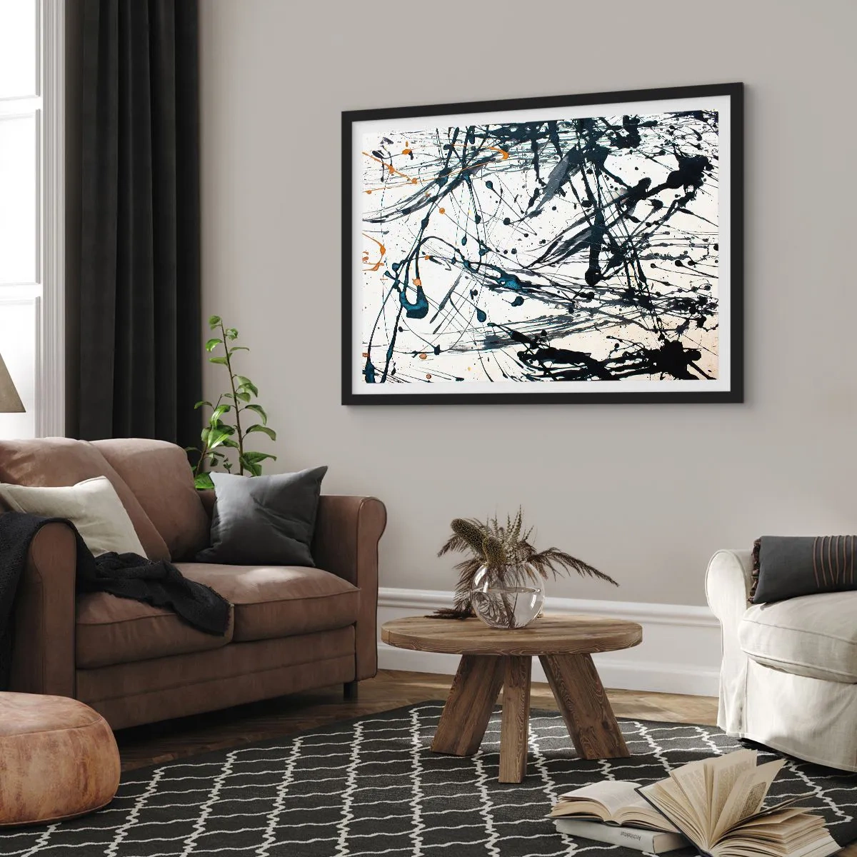Poster in einem schwarzem Rahmen - Ein abstraktes Gemälde mit Farbspritzern in dynamischen Mustern. - 70x50cm - Expressionistische Abstraktion - Moderne Wanddekoration für Wohnzimmer und Schlafzimmer ARTTOR