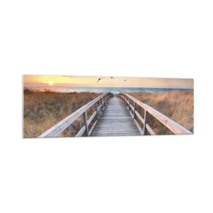 Glasbild - Bild auf glas - Holzsteg zum Strand bei Sonnenuntergang - 160x50cm - Der Raum für Auffliegen - Moderne Wanddekoration für Wohnzimmer und Schlafzimmer ARTTOR