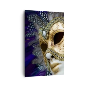 Bild auf Leinwand - Leinwandbild - Goldene venezianische Maske mit dekorativen Federn und Ornamenten - 80x120cm - Venezianisches Porträt in Gold - Moderne Wanddekoration für Wohnzimmer und Schlafzimmer ARTTOR