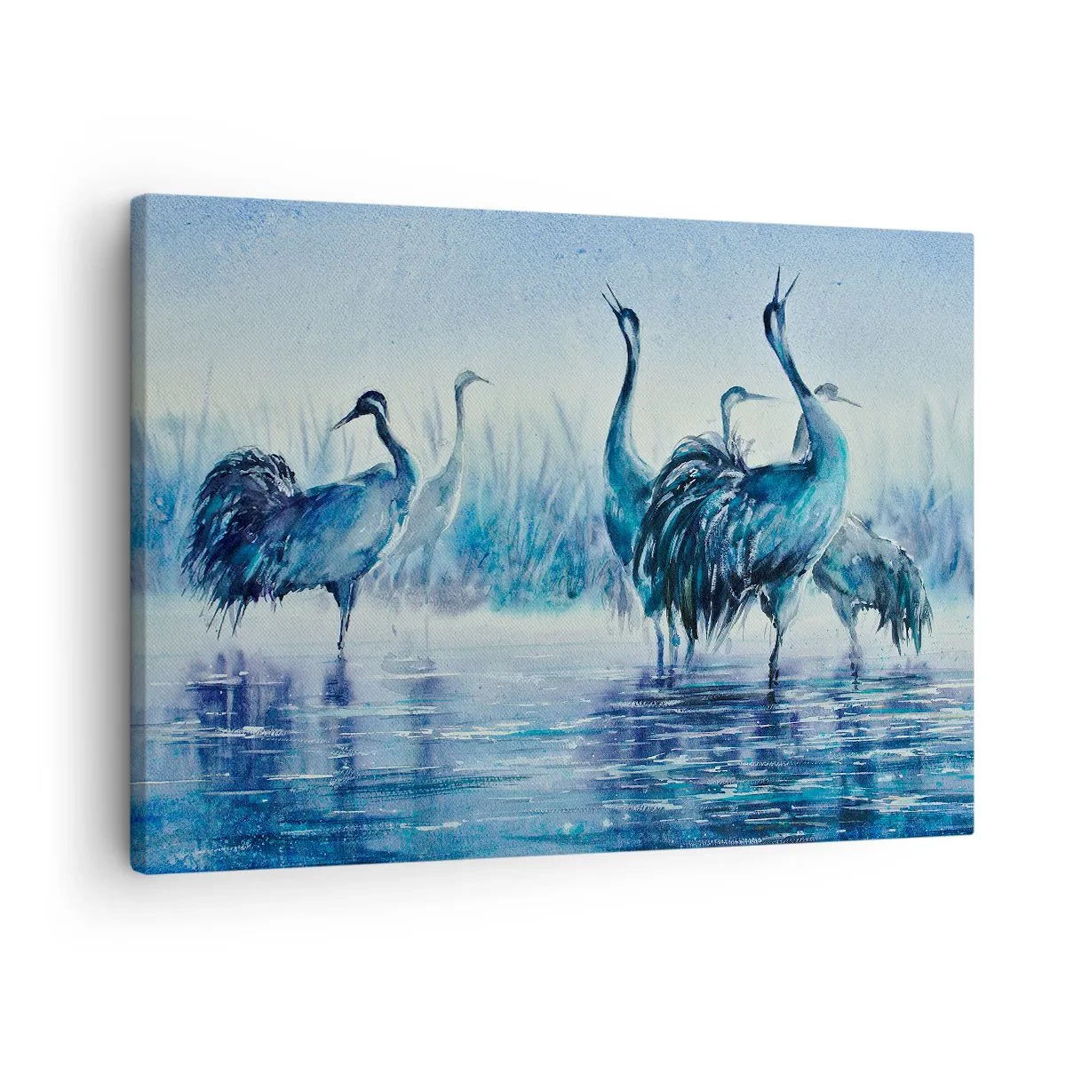 Bild auf Leinwand - Leinwandbild - Kräne vor dem Hintergrund von Nebel und Wasser in Blautönen - 70x50cm - Morgentliches Treffen - Moderne Wanddekoration für Wohnzimmer und Schlafzimmer ARTTOR