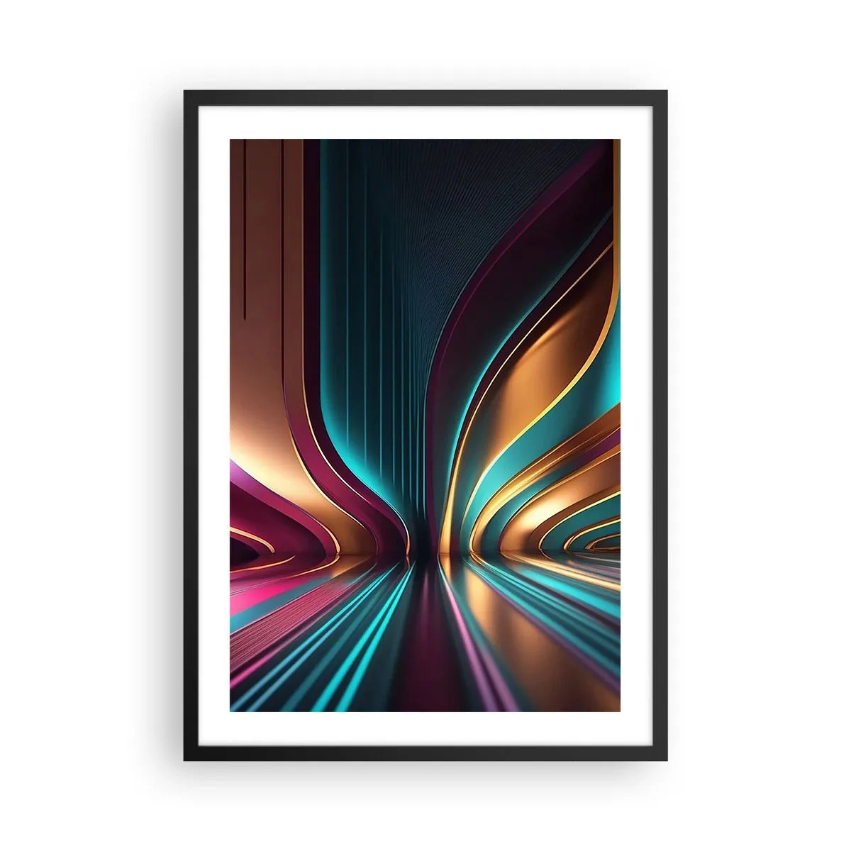 Poster in einem schwarzem Rahmen - Futuristische Abstraktion in Gold- und Türkisfarben - 50x70cm - Architektur des Lichts - Moderne Wanddekoration für Wohnzimmer und Schlafzimmer ARTTOR