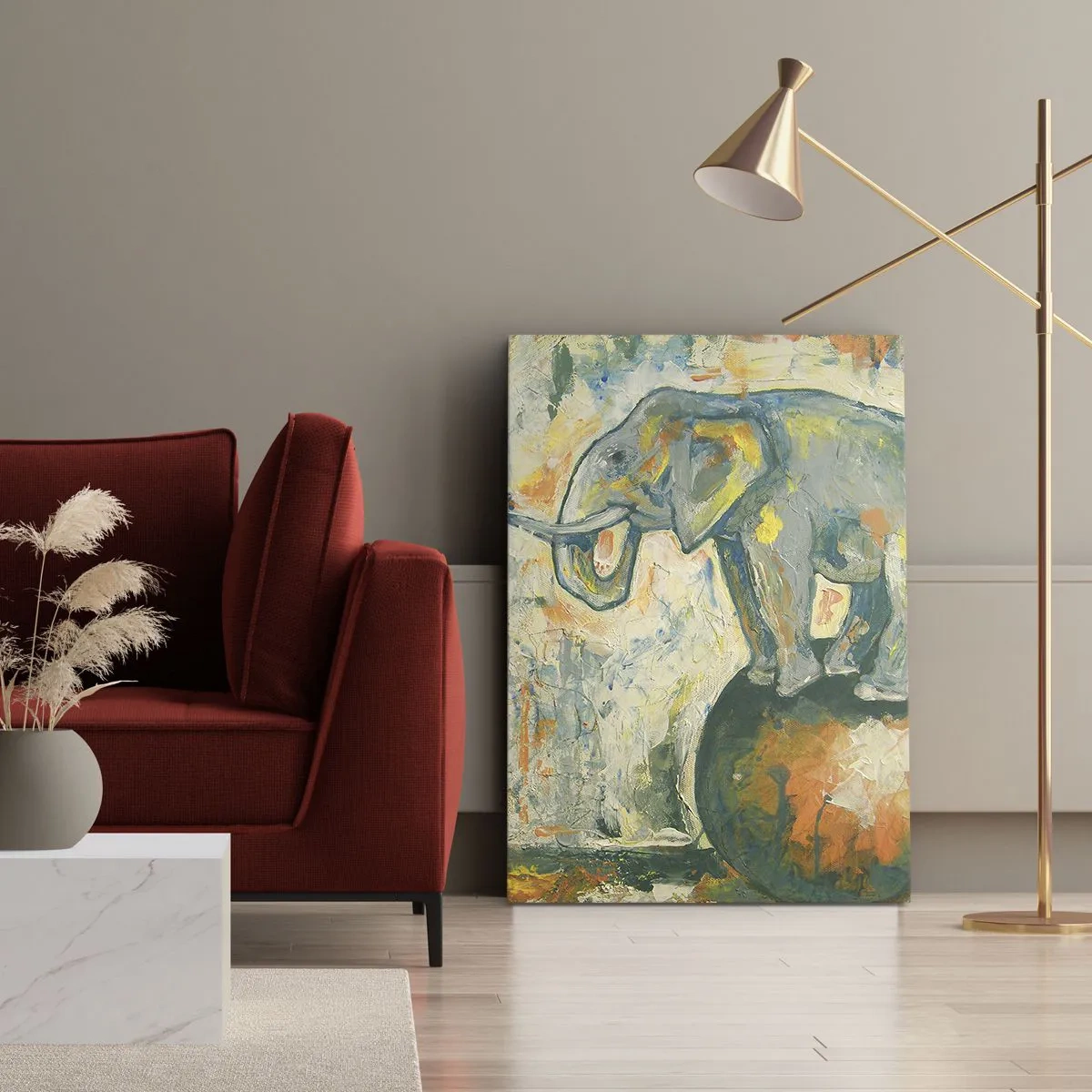 Bild auf Leinwand - Leinwandbild - Ein Elefant, der auf einem Ball balanciert, in einem künstlerischen Stil - 50x70cm - Es lebe der Zirkus! - Moderne Wanddekoration für Wohnzimmer und Schlafzimmer ARTTOR