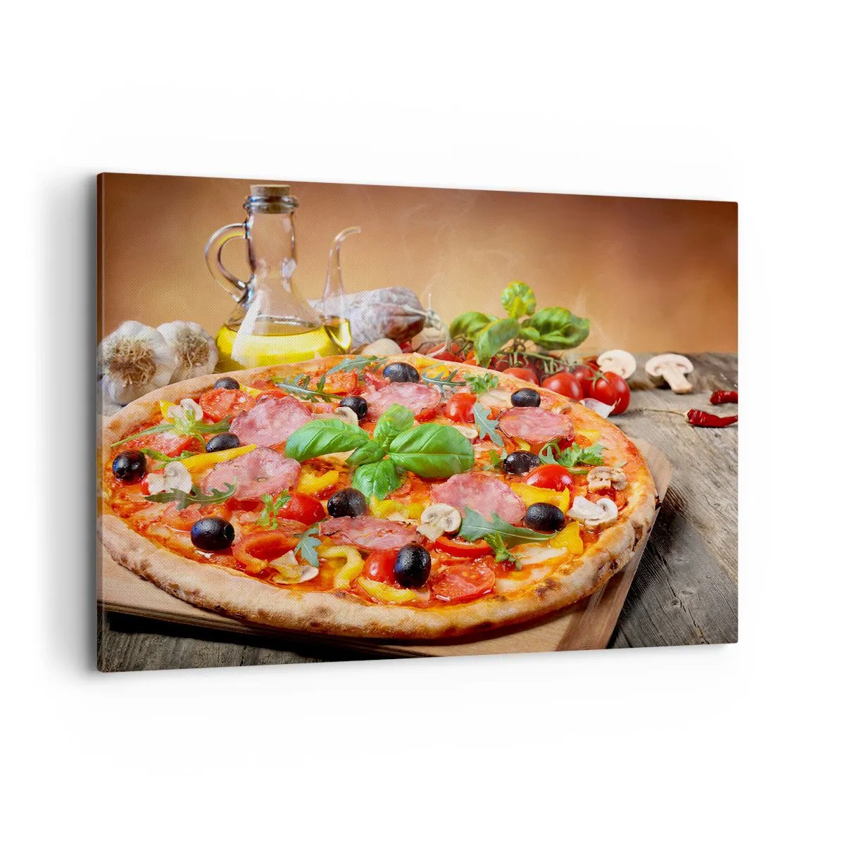 Bild auf Leinwand - Leinwandbild - Appetitliche Pizza auf einem Holztisch mit Belag - 100x70cm - Mit echtem italienischem Flair - Moderne Wanddekoration für Wohnzimmer und Schlafzimmer ARTTOR