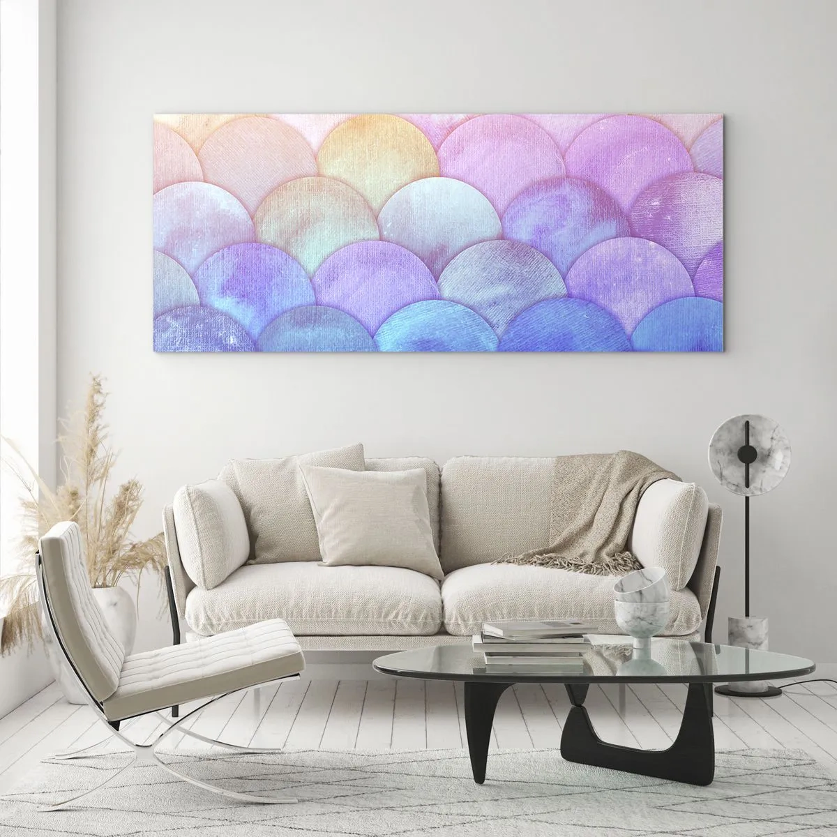 Glasbild - Bild auf glas - Abstrakte Schuppen in Pastelltönen - 120x50cm - Perlenschuppe - Moderne Wanddekoration für Wohnzimmer und Schlafzimmer ARTTOR