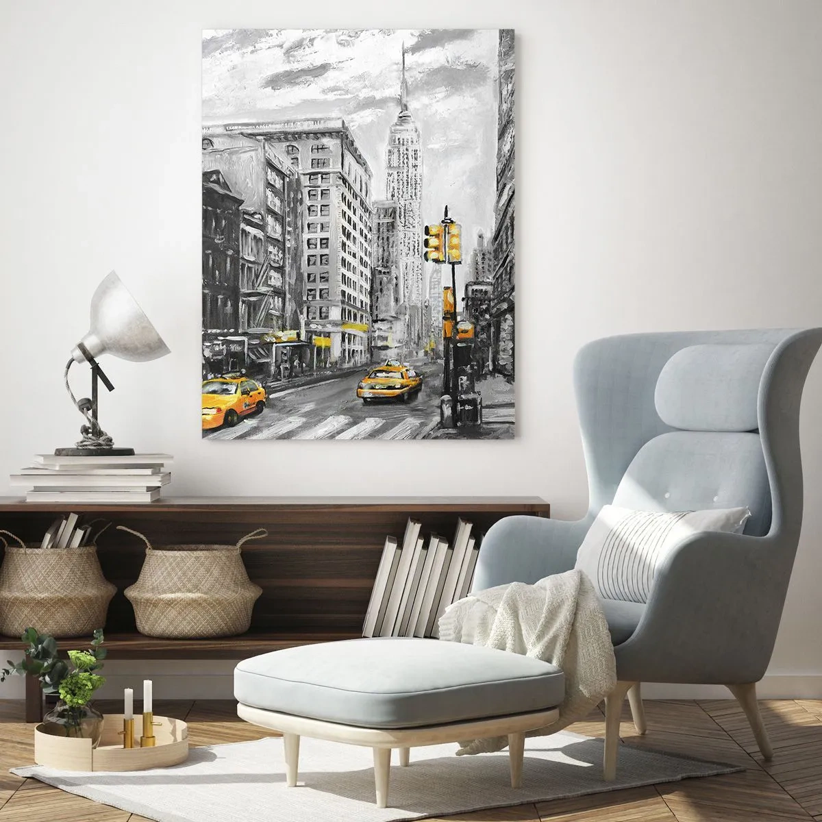 Glasbild - Bild auf glas - New Yorker Straße mit gelben Akzenten - 80x120cm - Eine New Yorker Geschichte - Moderne Wanddekoration für Wohnzimmer und Schlafzimmer ARTTOR