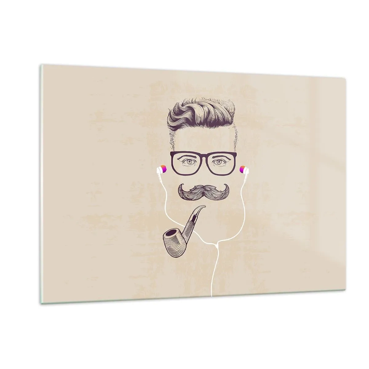 Glasbild - Bild auf glas - Eine Zeichnung eines stilisierten Mannes mit Brille, Schnurrbart und Pfeife. - 120x80cm - Ein echter Mann? - Moderne Wanddekoration für Wohnzimmer und Schlafzimmer ARTTOR