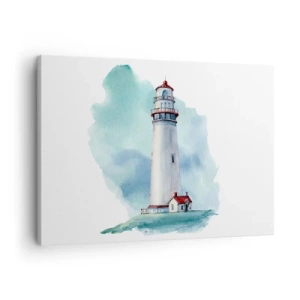 Bild auf Leinwand - Leinwandbild - Ein Leuchtturm vor einem aquarellblauen Hintergrund - 70x50cm - Sanfte Schwester vom Blau - Moderne Wanddekoration für Wohnzimmer und Schlafzimmer ARTTOR