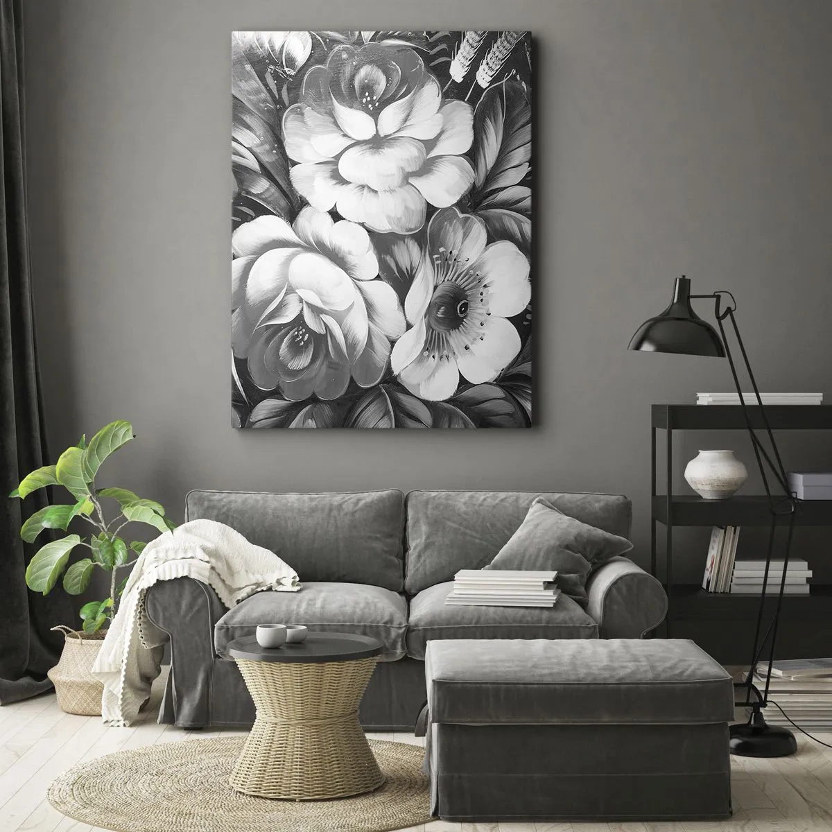 Bild auf Leinwand - Leinwandbild - Schwarze und weiße Blumen in einer klassischen und eleganten Komposition - 70x100cm - Schön auch in Grau - Moderne Wanddekoration für Wohnzimmer und Schlafzimmer ARTTOR