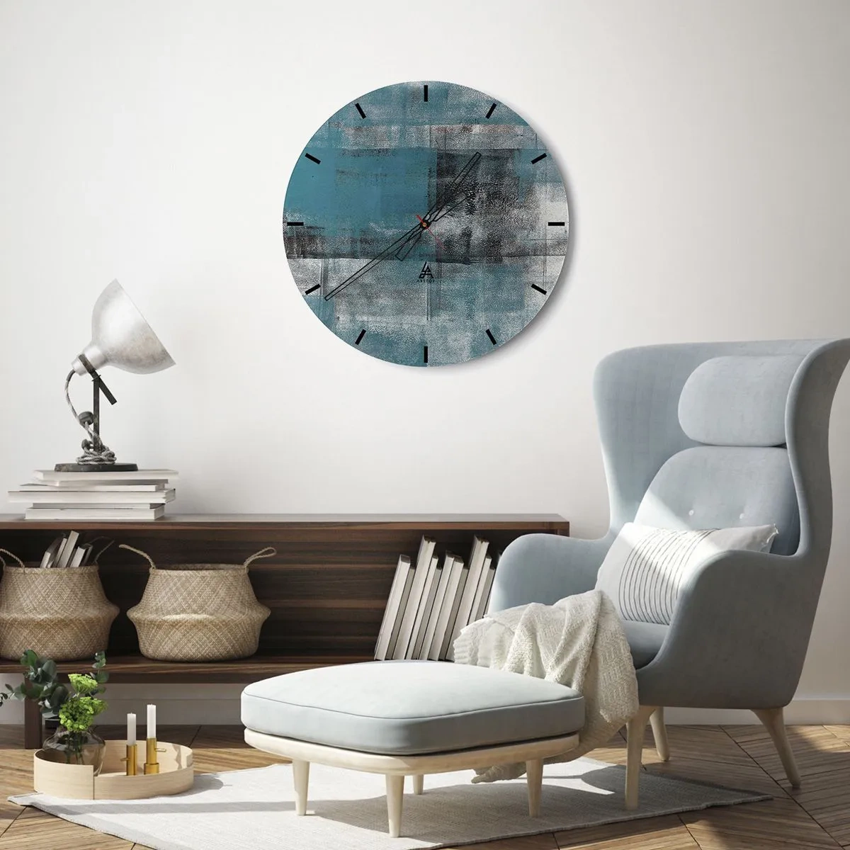 Wanduhr - Glasuhr - Abstraktes Muster in Türkis- und Grautönen - 30x30cm - Wasser und Luft - Moderne Wanddekoration für Wohnzimmer, Küche und Schlafzimmer ARTTOR