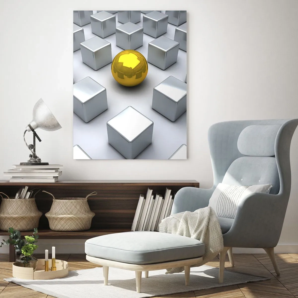 Glasbild - Bild auf glas - Eine goldene Kugel, umgeben von silbernen Würfeln - 50x70cm - Warum ich? Geometrische Zusammensetzung - Moderne Wanddekoration für Wohnzimmer und Schlafzimmer ARTTOR