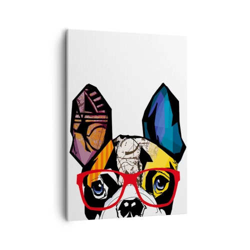 Bild auf Leinwand - Leinwandbild - Bulldogge in einer bunten Illustration mit roter Brille - 50x70cm - Intellektuelle - Moderne Wanddekoration für Wohnzimmer und Schlafzimmer ARTTOR