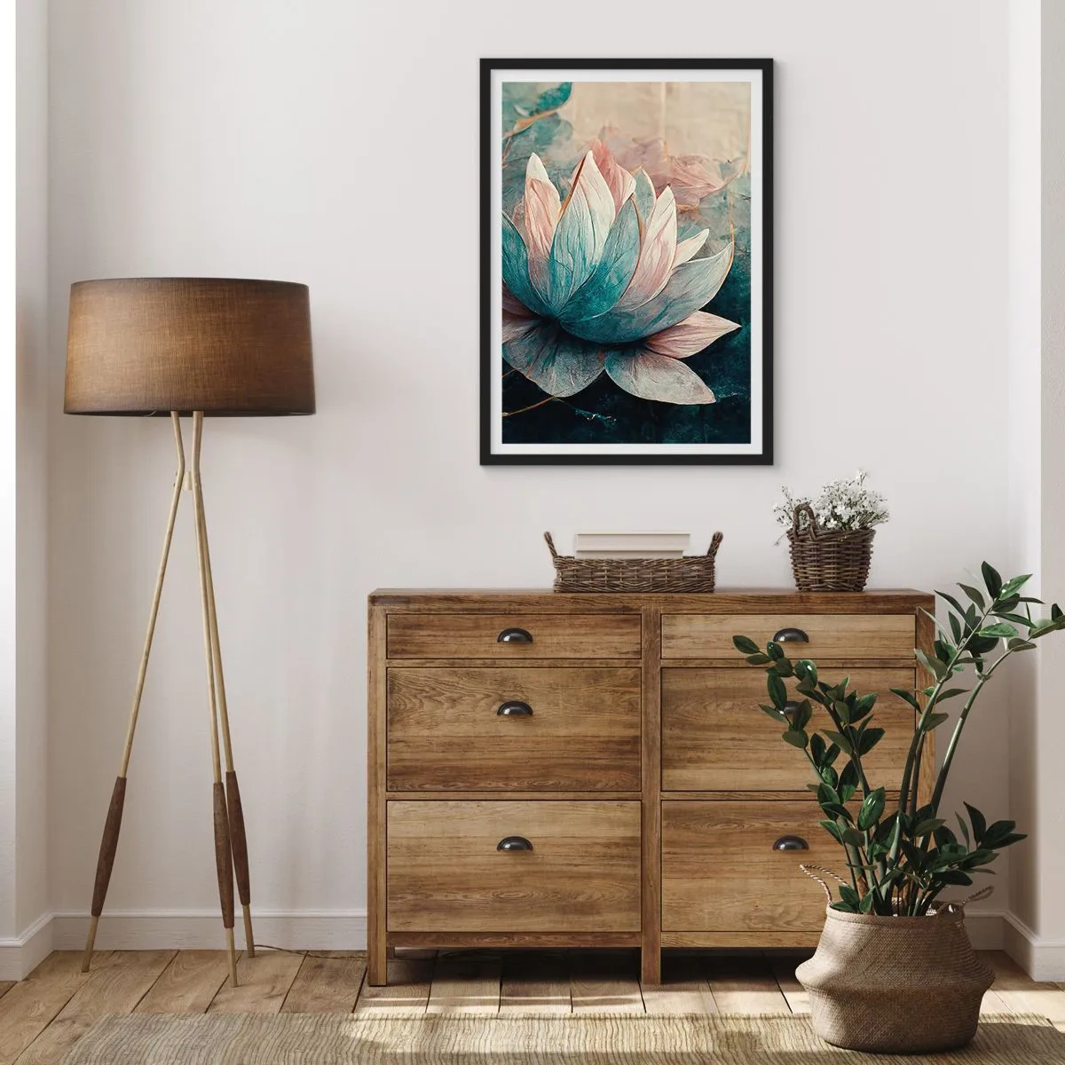 Poster in einem schwarzem Rahmen - Eine zarte Lotusblume mit mystischer Aura - 50x70cm - Seesterne - Moderne Wanddekoration für Wohnzimmer und Schlafzimmer ARTTOR