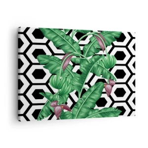 Bild auf Leinwand - Leinwandbild - Tropische Blätter auf geometrischem Hintergrund - 70x50cm - Von Natur aus eine symmetrische Komposition - Moderne Wanddekoration für Wohnzimmer und Schlafzimmer ARTTOR