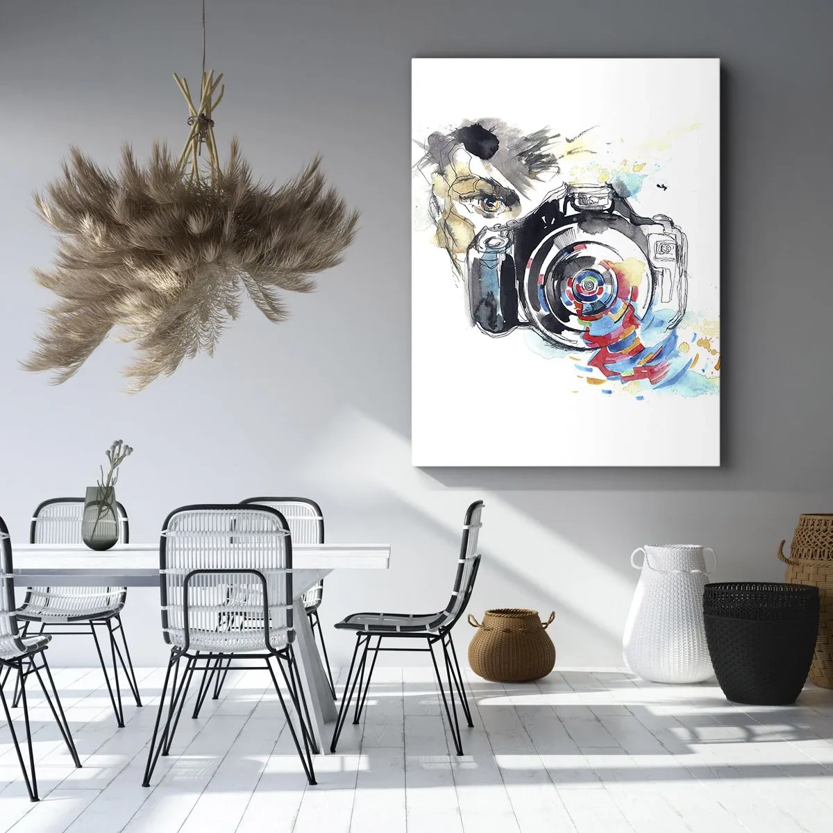 Bild auf Leinwand - Leinwandbild - Aquarellkamera mit farbenfrohen Details - 50x70cm - Im Auge der Linse - Moderne Wanddekoration für Wohnzimmer und Schlafzimmer ARTTOR