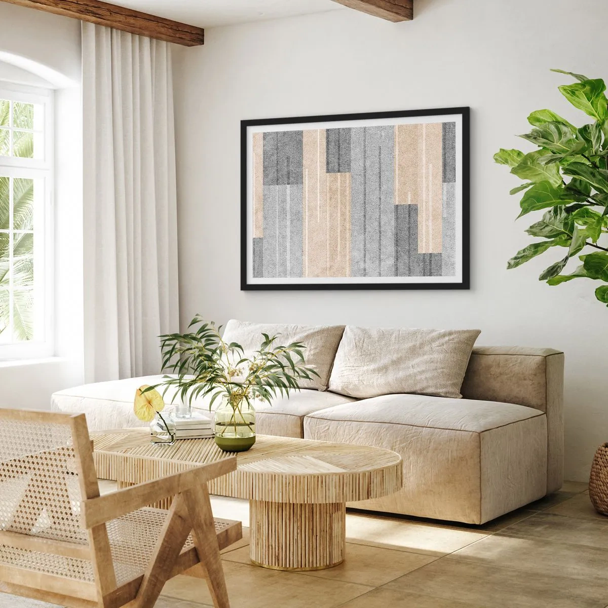Poster in einem schwarzem Rahmen - Geometrische Komposition in Grau- und Beigetönen - 100x70cm - Komposition: Vertikal halten - Moderne Wanddekoration für Wohnzimmer und Schlafzimmer ARTTOR