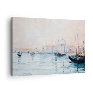 Bild auf Leinwand - Leinwandbild - Malerischer Blick auf die Kanäle mit pastellfarbenen Booten - 70x50cm - Hinter dem Wasser, hinter dem Nebel - Moderne Wanddekoration für Wohnzimmer und Schlafzimmer ARTTOR