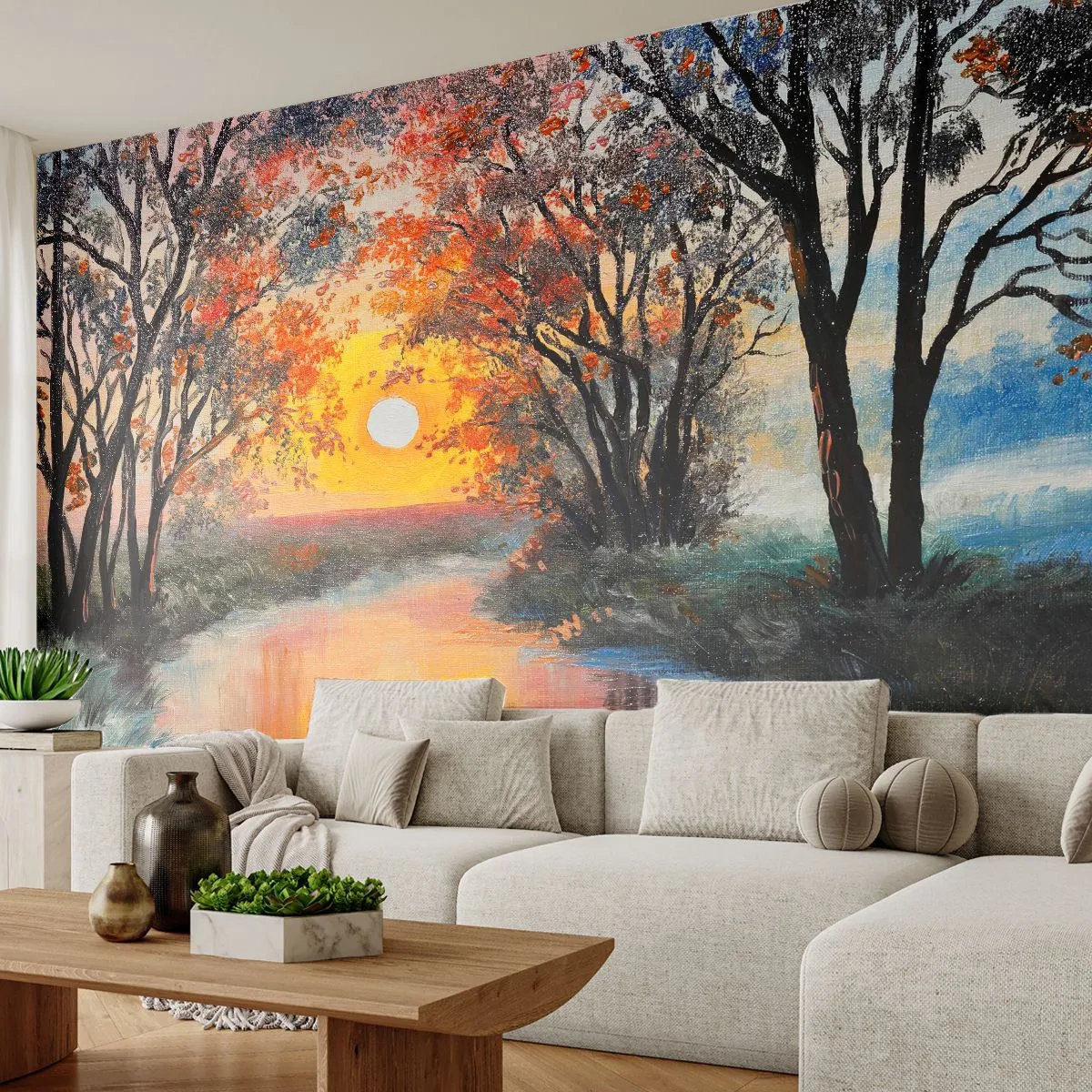 Fototapete Premium Sand - Herbststimmung - Landschaft, Fluss, Bäume - 100x70 cm
