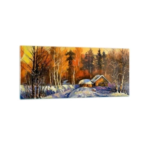 Glasbild - Bild auf glas - Winterlandschaft mit einem Haus im Licht der untergehenden Sonne - 120x50cm - Wintereindruck in der Sonne - Moderne Wanddekoration für Wohnzimmer und Schlafzimmer ARTTOR