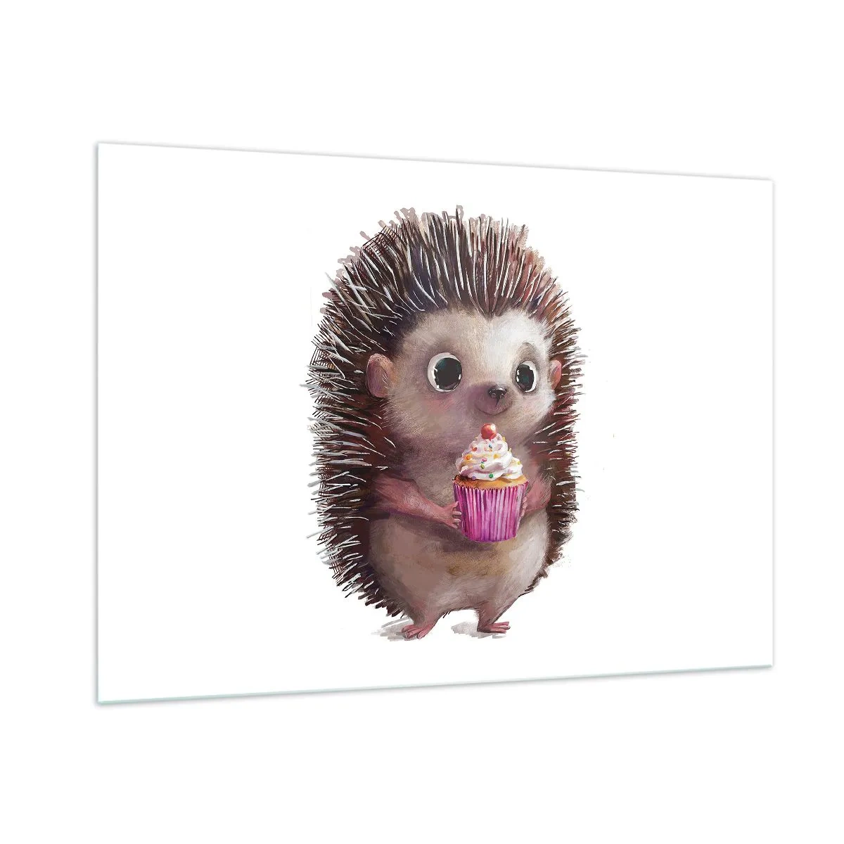Glasbild - Bild auf glas - Ein süßer Igel mit einem Cupcake auf weißem Hintergrund - 100x70cm - Der Feiertag ist jeden Tag - Moderne Wanddekoration für Wohnzimmer und Schlafzimmer ARTTOR