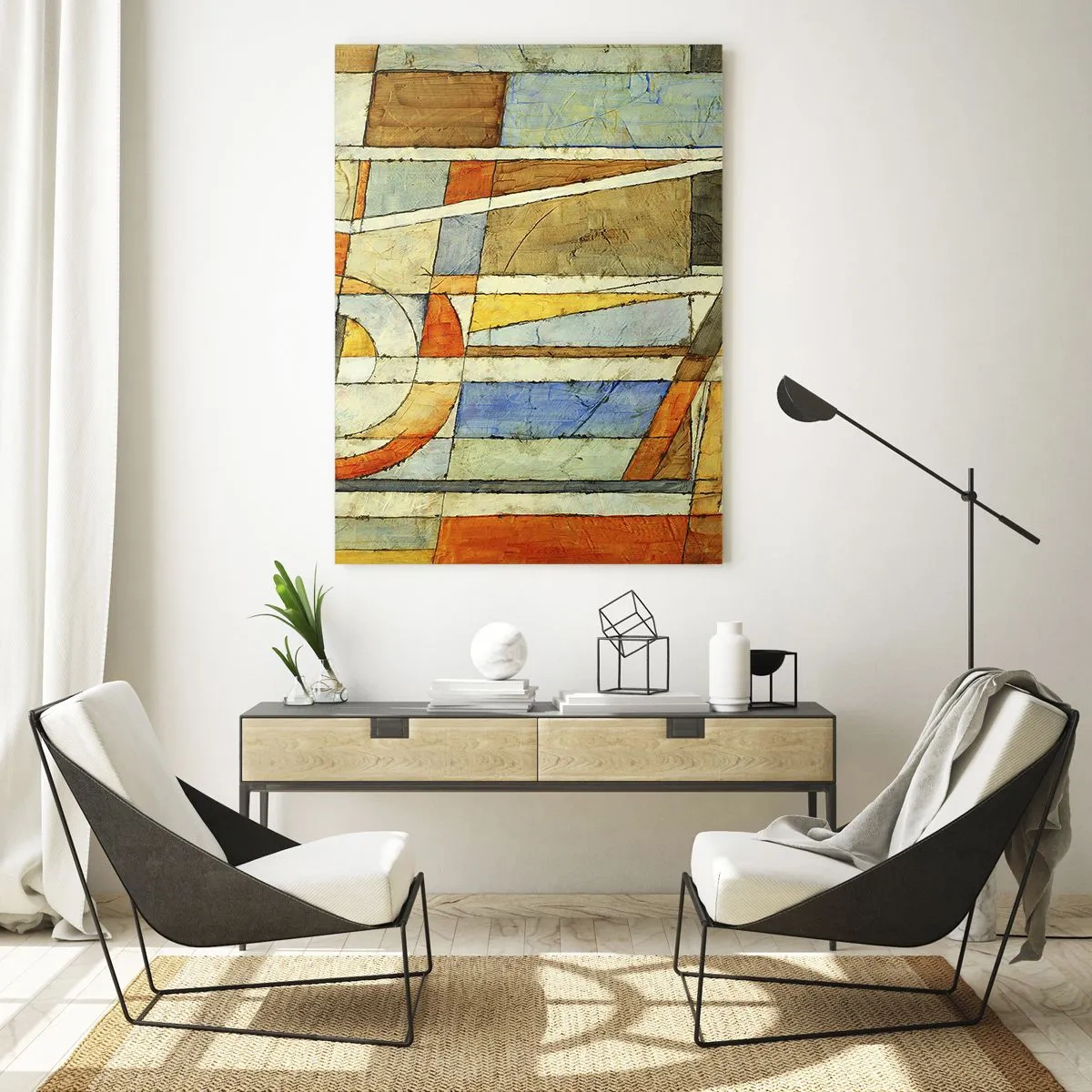 Glasbild - Bild auf glas - Geometrische Abstraktion in Beige-, Blau- und Orangetönen - 70x100cm - Kubismus auf der Baustelle - Moderne Wanddekoration für Wohnzimmer und Schlafzimmer ARTTOR
