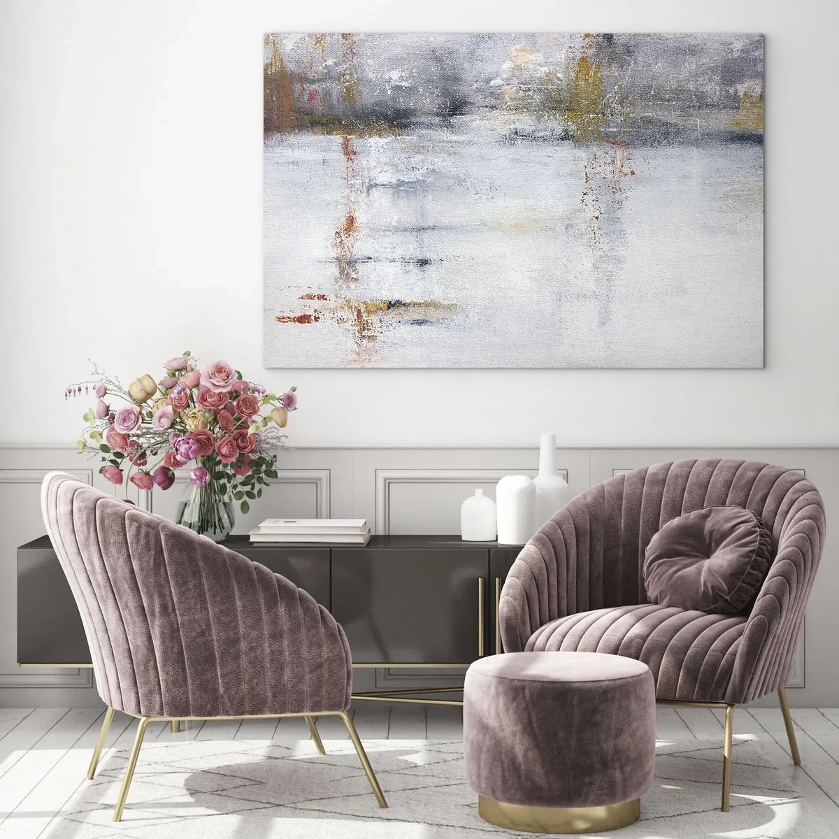 Glasbild - Bild auf glas - Ein abstraktes Gemälde mit einer subtilen Kombination aus Grau, Weiß und Gold. - 120x80cm - Hinter dem Luftvorhang - Moderne Wanddekoration für Wohnzimmer und Schlafzimmer ARTTOR