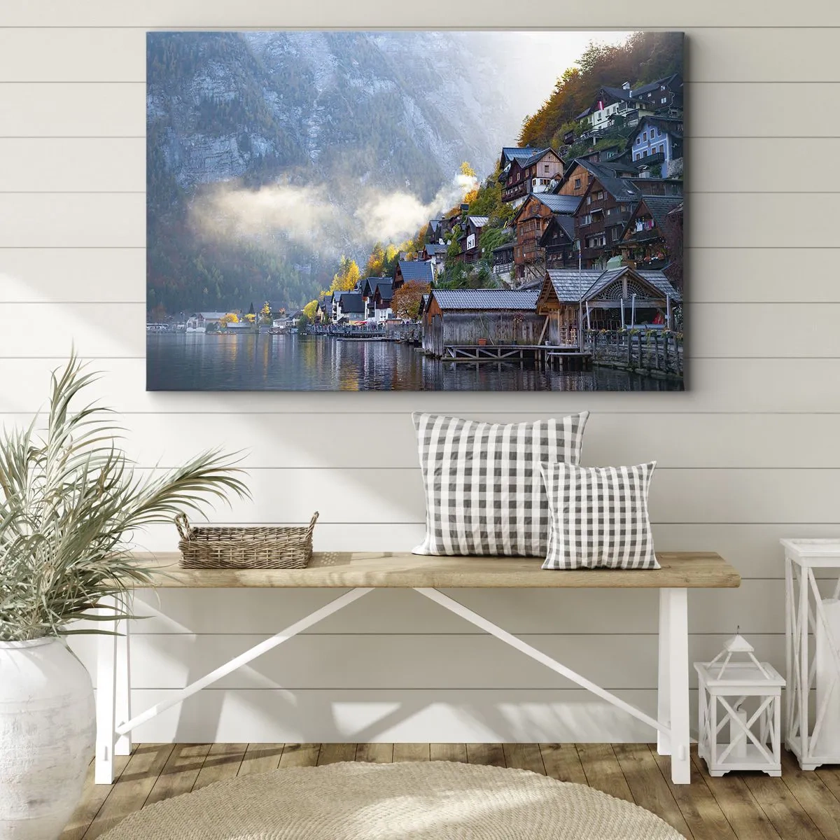 Bild auf Leinwand - Leinwandbild - Ein Bergdorf an einem See in herbstlicher Landschaft - 100x70cm - Alpenatmosphäre - Moderne Wanddekoration für Wohnzimmer und Schlafzimmer ARTTOR
