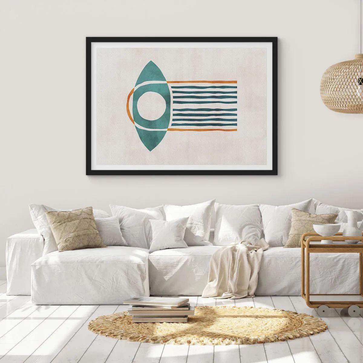 Poster in einem schwarzem Rahmen - Geometrisches Muster in Grün- und Orangetönen - 70x50cm - Zeichen und Rituale - Moderne Wanddekoration für Wohnzimmer und Schlafzimmer ARTTOR