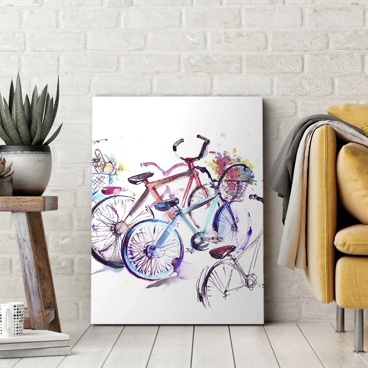 Bild auf Leinwand - Leinwandbild - Bunte Fahrräder im künstlerischen Aquarell-Stil - 50x70cm - Kongress des Antimoto-Clubs - Moderne Wanddekoration für Wohnzimmer und Schlafzimmer ARTTOR
