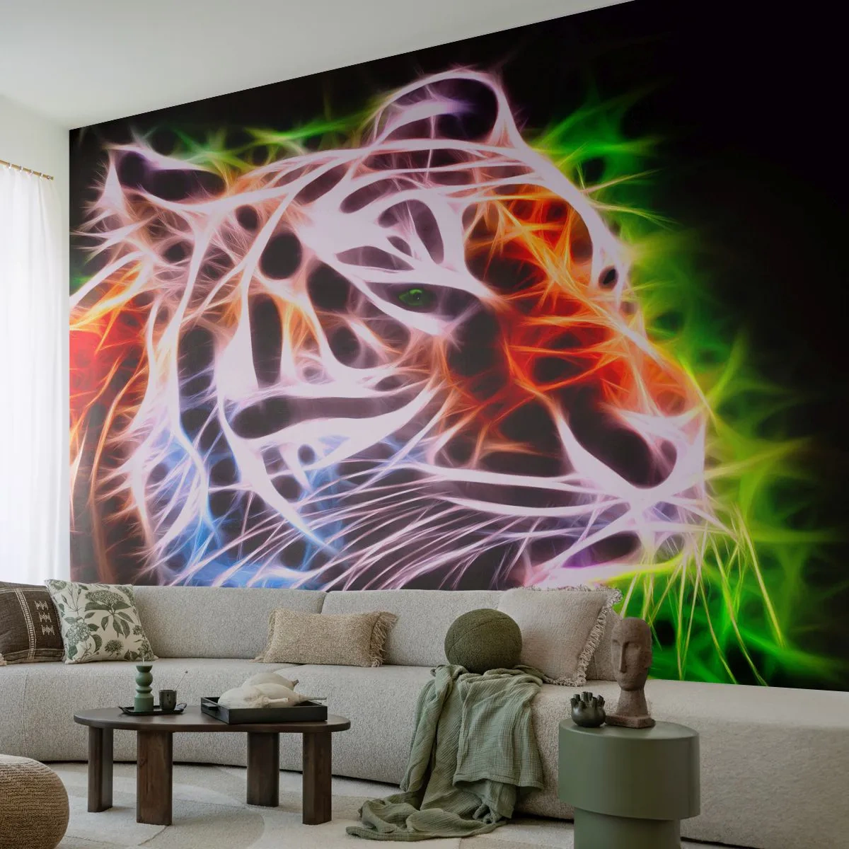 Fototapete Premium Sand - Abstrakter Tiger in Neonfarben - 100x70cm - Schreckliche Aura - Moderne Wanddekoration für Wohnzimmer und Schlafzimmer ARTTOR