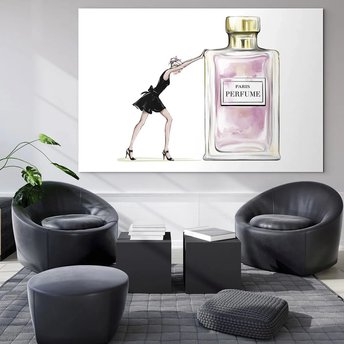 Glasbild - Bild auf glas - Eine Frau in einem schwarzen Kleid neben einer großen Parfümflasche - 70x50cm - Essenz der Weiblichkeit - Moderne Wanddekoration für Wohnzimmer und Schlafzimmer ARTTOR