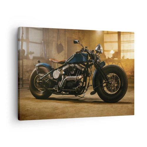 Bild auf Leinwand - Leinwandbild - Ein stylisches Motorrad in einem industriellen Interieur mit warmer Beleuchtung - 70x50cm - Ich kann alles - Moderne Wanddekoration für Wohnzimmer und Schlafzimmer ARTTOR