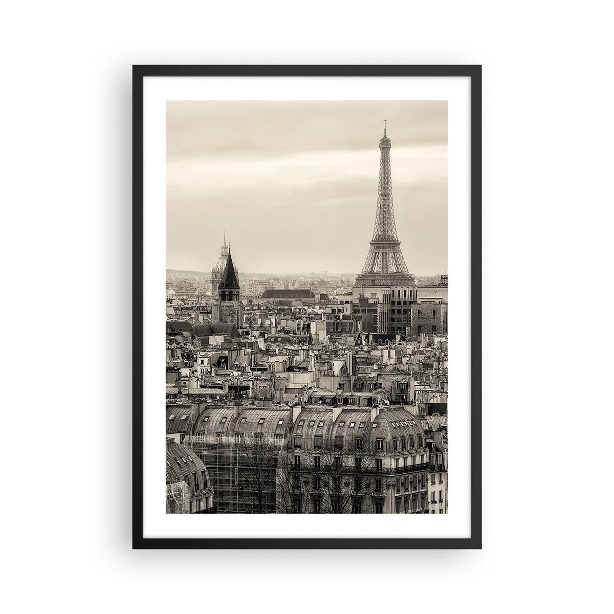Poster in einem schwarzem Rahmen - Panorama von Paris mit dem Eiffelturm in Sepiatönen - 50x70cm - Über den Dächern von Paris - Moderne Wanddekoration für Wohnzimmer und Schlafzimmer ARTTOR