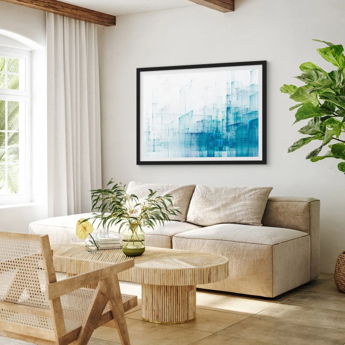 Poster in einem schwarzem Rahmen - Abstrakte geometrische Formen in Blautönen - 70x50cm - Wie der Raum wgeschaffen urde - Moderne Wanddekoration für Wohnzimmer und Schlafzimmer ARTTOR