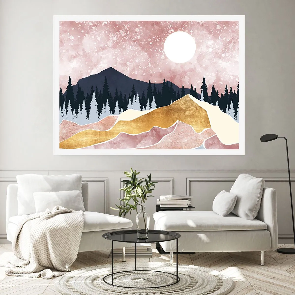 Poster - Bunte Berge vor einem rosa Himmel mit einem Mond - 100x70cm - Nachtwache - Moderne Wanddekoration für Wohnzimmer und Schlafzimmer ARTTOR