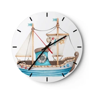 Wanduhr - Glasuhr - Illustriertes Kindersegelboot mit nautischen Verzierungen - 30x30cm - Ahoi, Abenteuer! - Moderne Wanddekoration für Wohnzimmer, Küche und Schlafzimmer ARTTOR