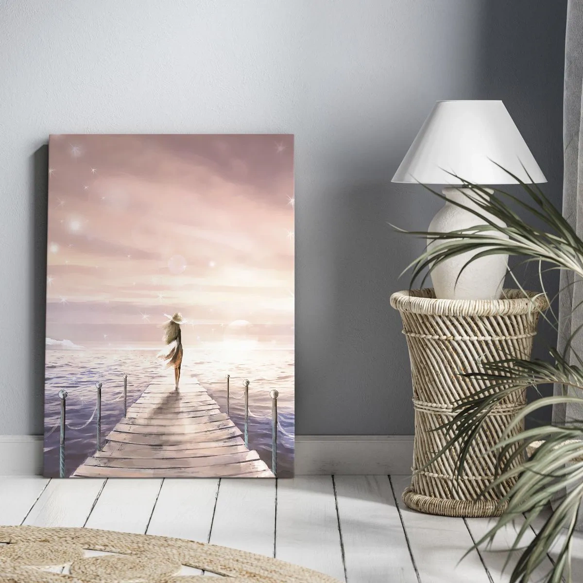 Bild auf Leinwand - Leinwandbild - Eine Frau auf einem Steg in einer magischen Sonnenuntergangskulisse - 50x70cm - Im Licht eines Traums - Moderne Wanddekoration für Wohnzimmer und Schlafzimmer ARTTOR