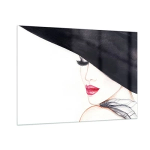 Glasbild - Bild auf glas - Ein subtiles Porträt einer Frau mit Hut und roten Lippen - 100x70cm - Eleganz und Sinnlichkeit - Moderne Wanddekoration für Wohnzimmer und Schlafzimmer ARTTOR