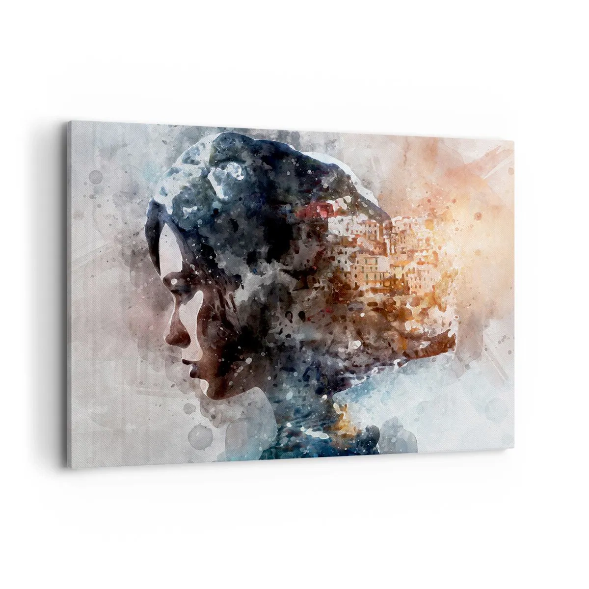 Bild auf Leinwand - Leinwandbild - Porträt einer Frau, die ihr Gesicht mit einer Stadtlandschaft im Hintergrund kombiniert - 100x70cm - Eine Geschichte über ein Mädchen mit einer Stadt im Hintergrund - Moderne Wanddekoration für Wohnzimmer und Schlafzimme