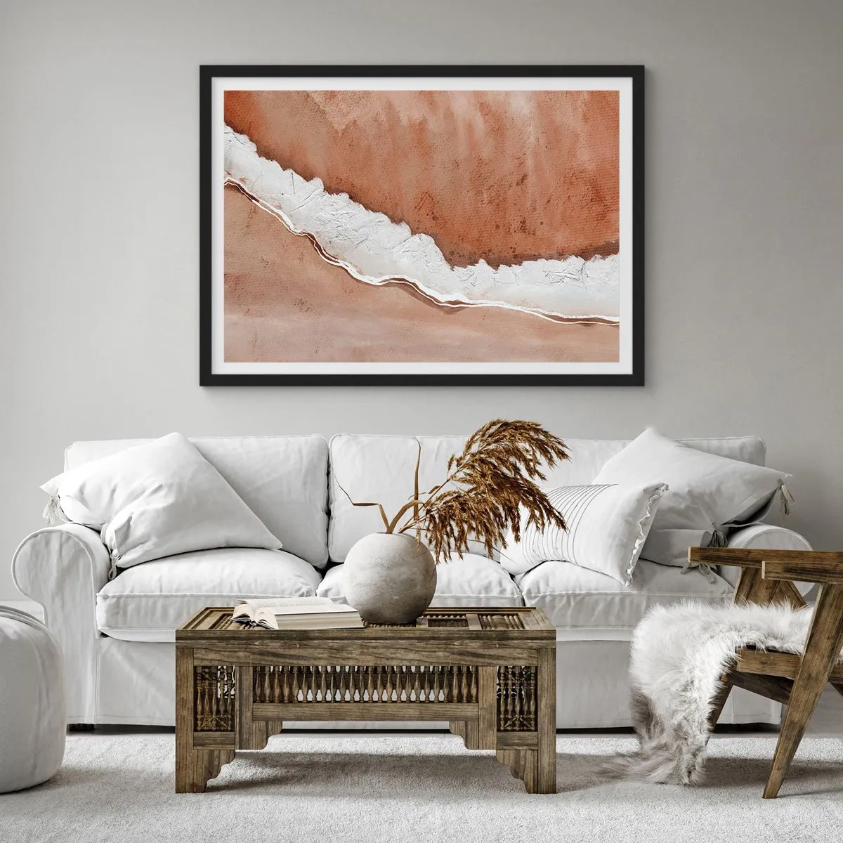 Poster in einem schwarzem Rahmen - Sandstruktur mit weißen Akzenten - 100x70cm - In Farben der Erde - Moderne Wanddekoration für Wohnzimmer und Schlafzimmer ARTTOR