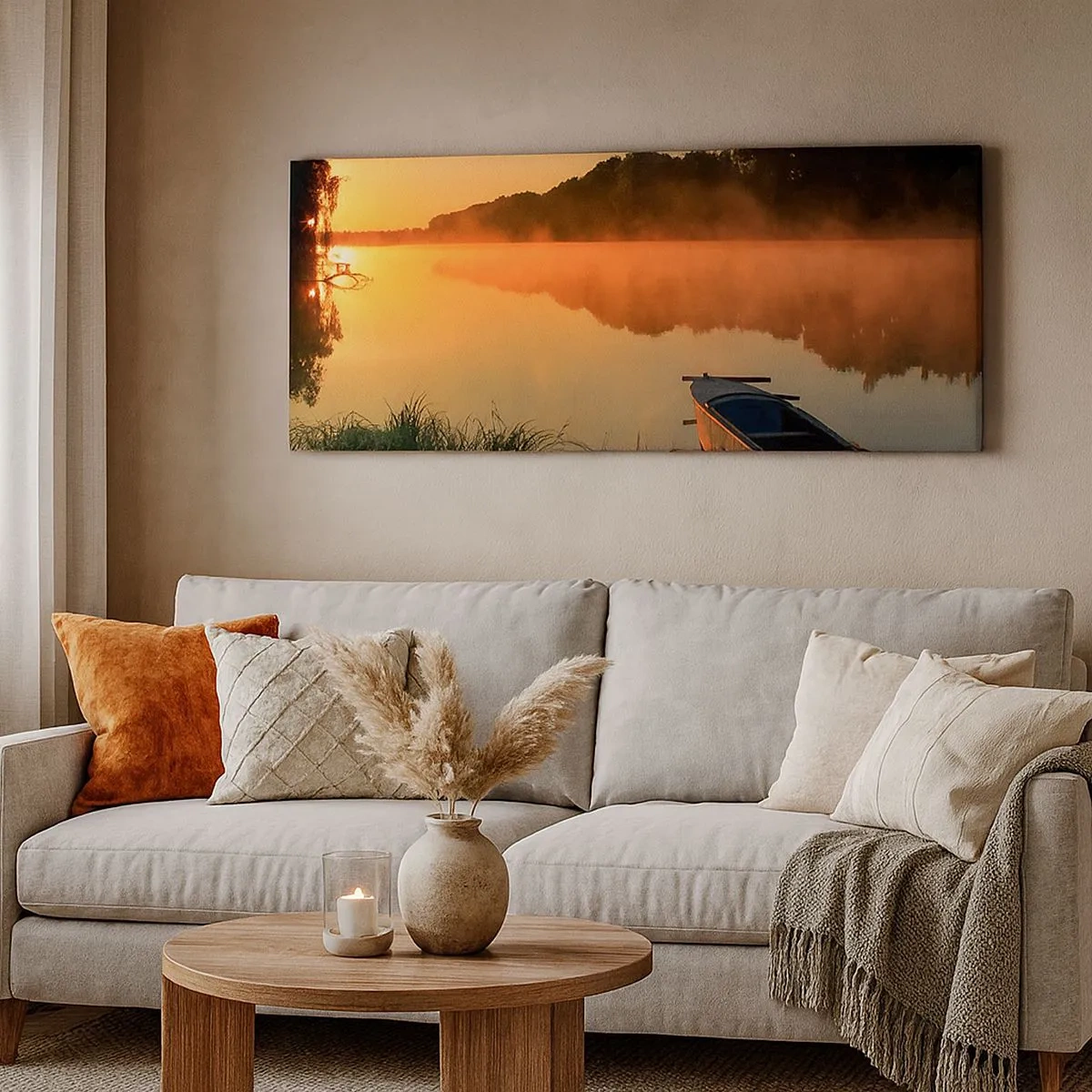 Bild auf Leinwand - Leinwandbild - Sonnenaufgang über dem Wasser wie ein Spiegel - 100x40 cm
